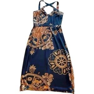 Women’s Halter Midi Dress Black Gold Orange Strap Zipper Unique Cocktail 4